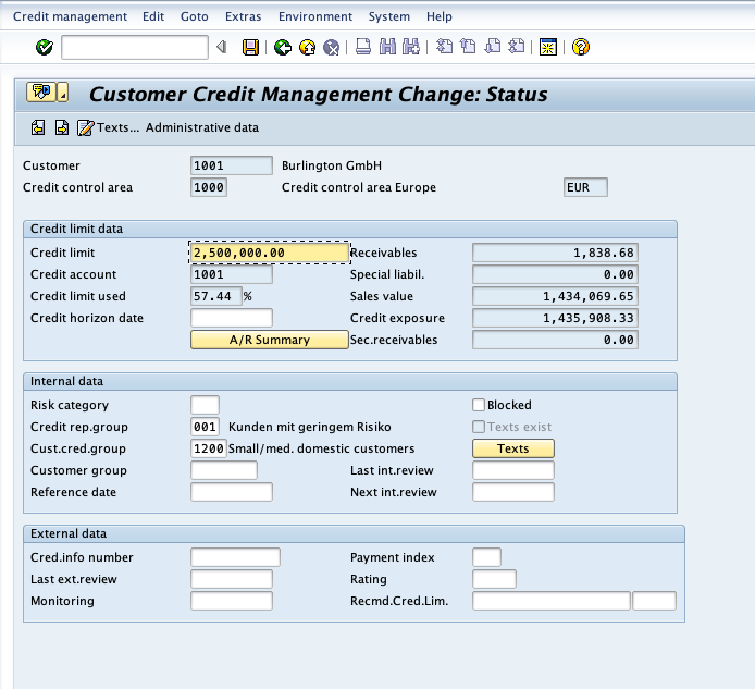 Change the credit limit in SAP